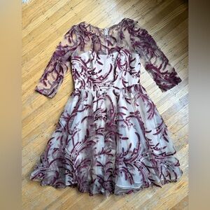 Marchesa Notte Nude Tulle Burgundy Floral Embroidery Dress